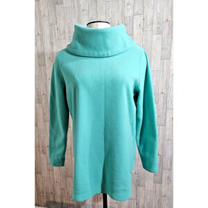 D & Co. Woman Green Fleece Tunic Top Size M Cowl Neck Slits Stretch Soft Cozy
